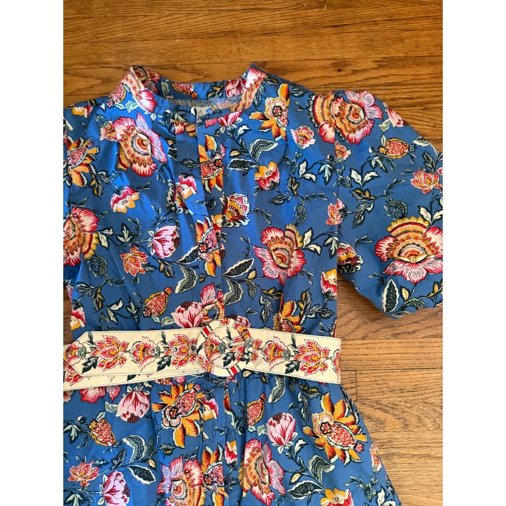 Joie Blue Floral Puff Sleeve Belted Mini Dress Size 10 Button Front Ruffle Hem - Picture 3 of 4